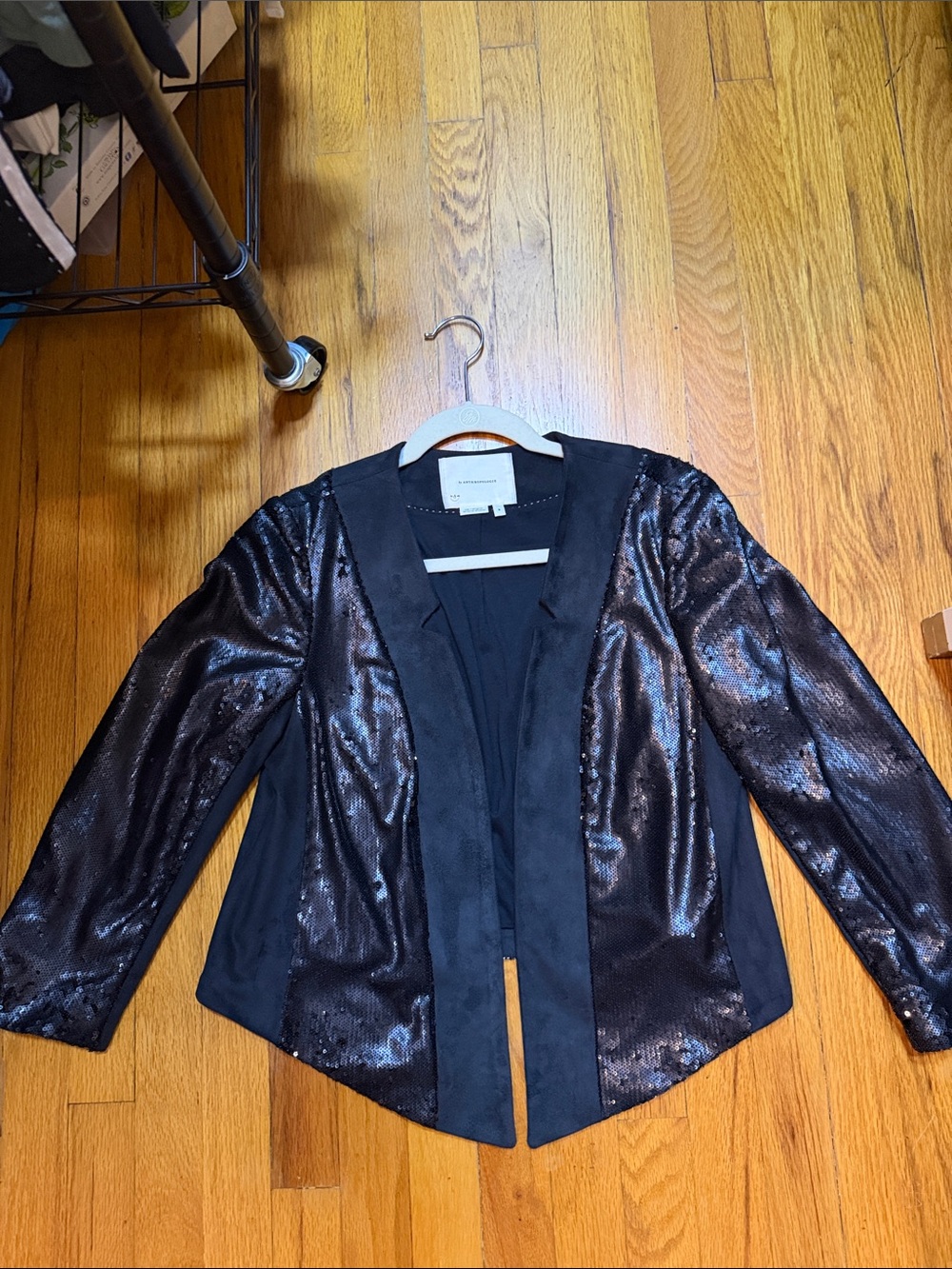 Anthropologie Black Sequin Open-Front Blazer